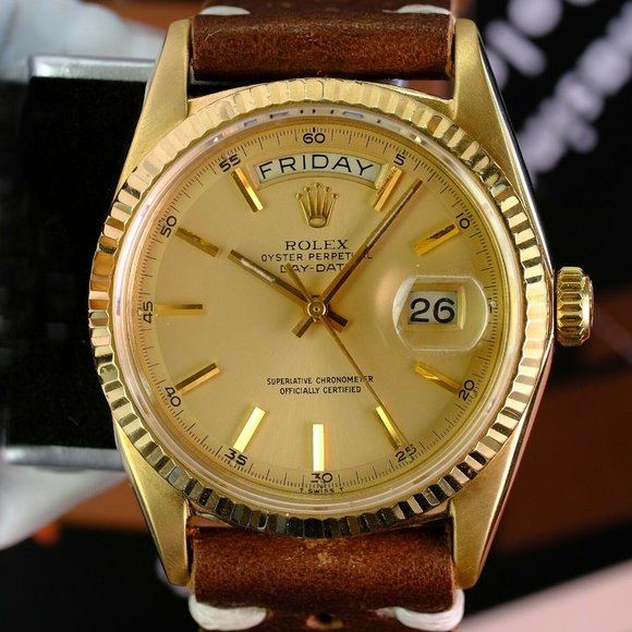 Rolex Day-date 1803 Factory Champagne Dial 18k Yellow Gold Men"s Leather Band - Picture 6 of 9